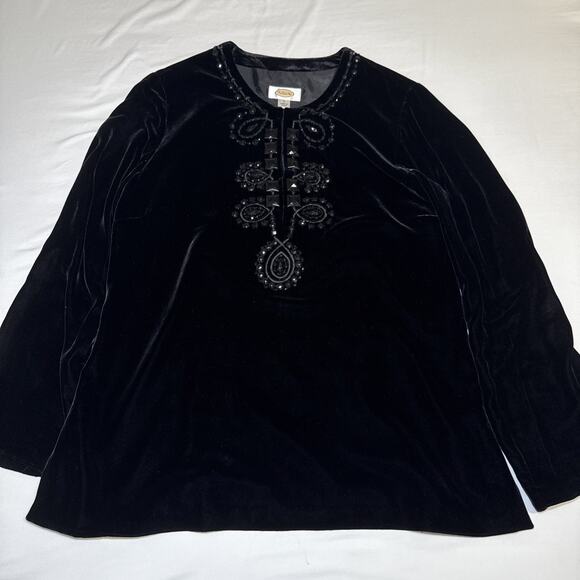 TALBOTS Tunic Top Sz 10 Velour Velvet Embellished Silk Blend Black Zip Side EUC - Picture 1 of 16